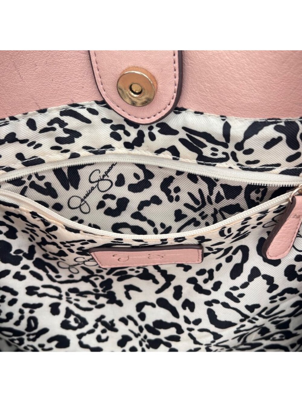 Jessica Simpson Blush Pink Tote Bag With Gold Chain Detail Leopard Print Lining - Picture 8 of 16